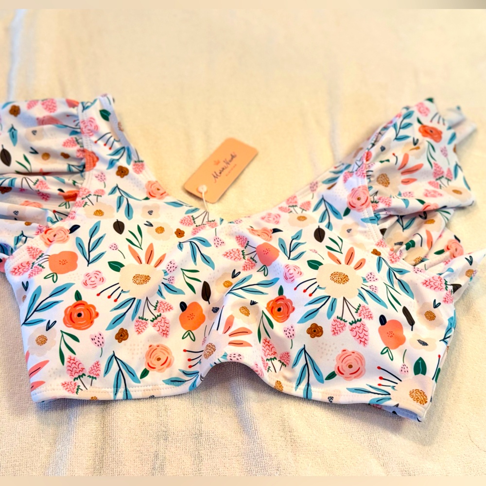 White and Pink Floral Ruffle Sleeve Bikini Top